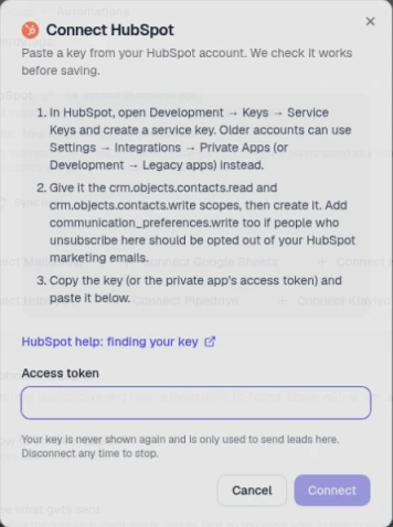 The Connect HubSpot dialog with an Access token field, a HubSpot help link, and Cancel and Connect buttons