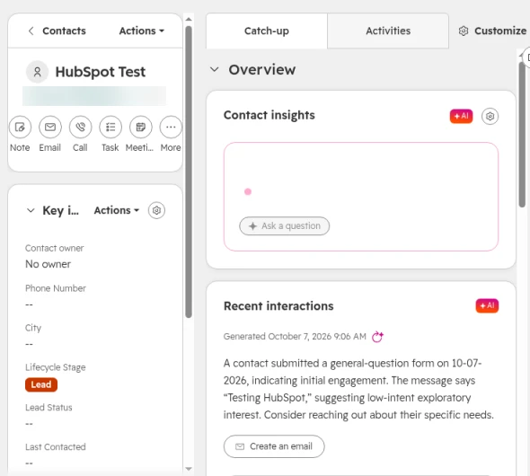 A HubSpot contact record with the Lifecycle Stage shown as Lead