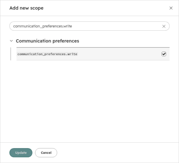 HubSpot's Add new scope panel with communication_preferences.write found and ticked under Communication preferences