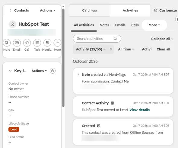 The HubSpot contact's Activities tab showing a note created via NerdyTags titled Form submission: Contact Me