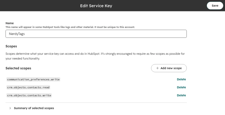 A HubSpot service key named NerdyTags with communication_preferences.write, crm.objects.contacts.read and crm.objects.contacts.write selected