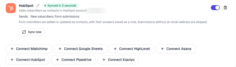 The HubSpot card marked Synced, showing that it sends new subscribers and form submissions, with an on/off switch, a delete icon and a Sync now button