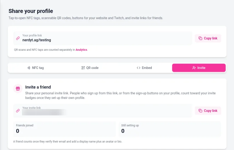 The Invite tab on the Share page with your invite link and a Copy link button, plus counters for Friends joined and Still setting up