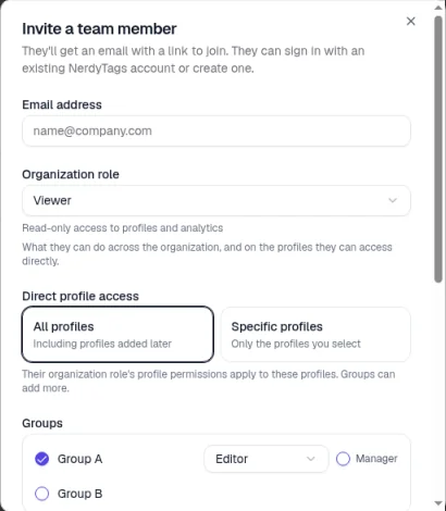 The Invite a team member window with an Email address field, Organization role set to Viewer with the help text Read-only access to profiles and analytics, Direct profile access set to All profiles, and a Groups section with Group A ticked, its group role set to Editor and a Manager option next to it