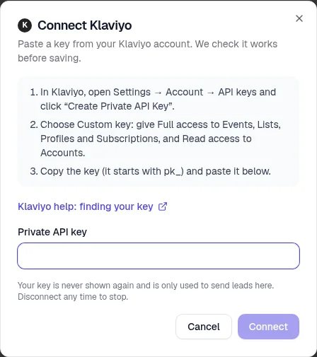 The Connect Klaviyo dialog with three steps for creating a key, a Private API key field, and Cancel and Connect buttons