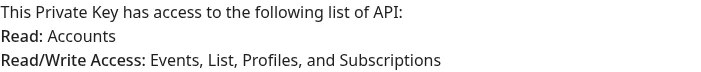 Klaviyo's private key details showing Read access to Accounts and Read/Write access to Events, List, Profiles and Subscriptions
