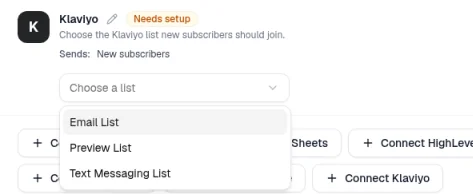 The Choose a list dropdown open on the Klaviyo card, showing lists from the Klaviyo account