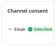A Klaviyo profile with Email shown as Subscribed under Channel consent