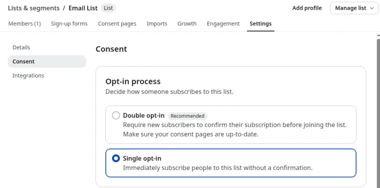 Klaviyo's list Consent settings with Single opt-in selected under Opt-in process