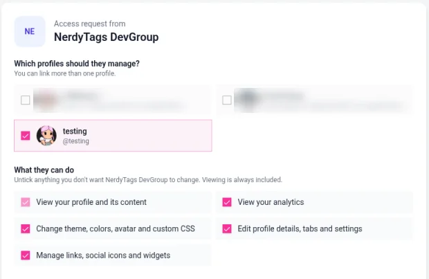 The access request a client sees from NerdyTags DevGroup, with a choice of which profiles they should manage, the @testing profile ticked, and the permissions the organization asked for listed under What they can do