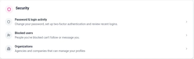 The Security section of the Account settings, with Password & login activity, Blocked users and Organizations, which is described as agencies and companies that can manage your profiles