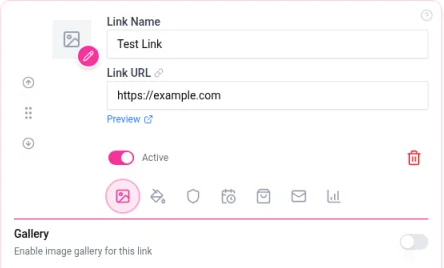 A link card with the Gallery icon selected and the Gallery panel open below, showing the Enable image gallery for this link switch