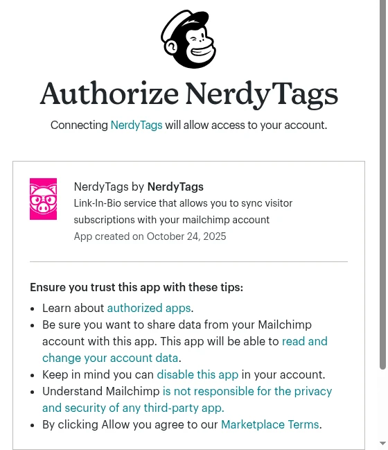 Mailchimp's Authorize NerdyTags screen explaining that the app will be able to read and change your account data