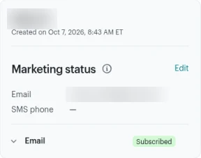 A Mailchimp contact profile with the email marketing status shown as Subscribed
