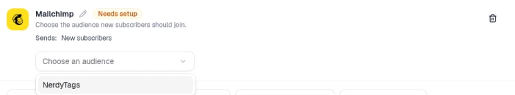 The Mailchimp card marked Needs setup, with a Choose an audience dropdown open