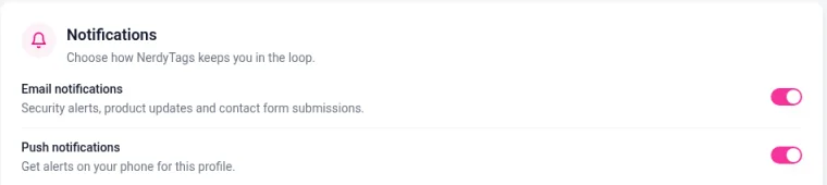 Notification settings with switches for Email notifications and Push notifications