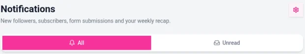 The Notifications page with a gear icon for notification settings and All and Unread filters
