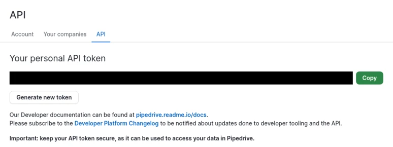 Pipedrive's Personal preferences page on the API tab, showing Your personal API token with a Copy button
