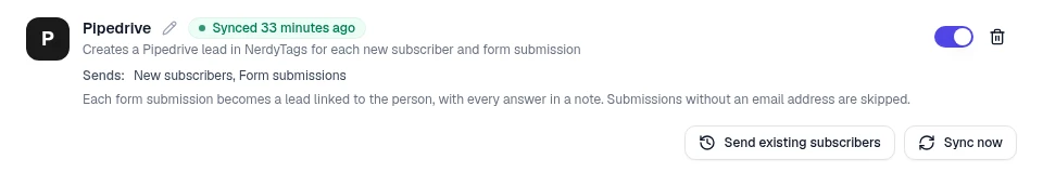 The Pipedrive card marked Synced, showing it creates leads in NerdyTags for new subscribers and form submissions, with Send existing subscribers and Sync now buttons