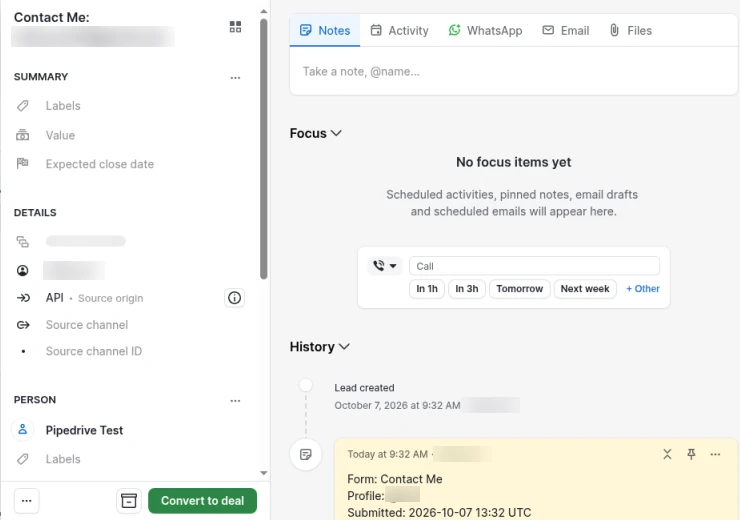 A Pipedrive Contact Me lead with API as the source origin and a note showing the form, profile and submitted time