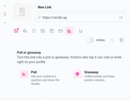 A link card with its option icons, and the Poll or giveaway panel open below it with the Poll and Giveaway choices