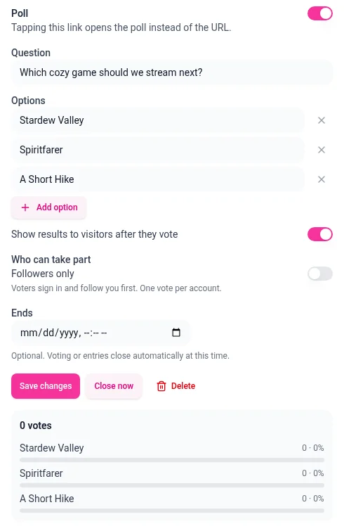 The published poll panel with Save changes, Close now and Delete buttons, and the results below showing 0 votes for each of the three options