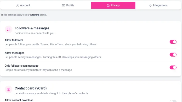 The Privacy tab in Settings with Followers and messages switches for Allow followers, Allow messages and Only followers can message, and a Contact card section with Allow contact download
