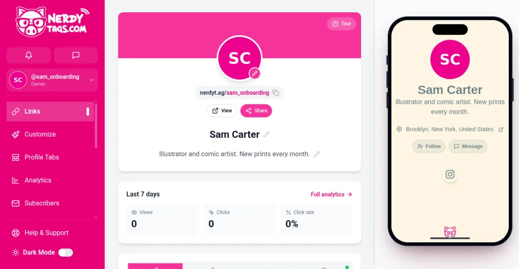 The NerdyTags dashboard for the sample profile @sam_onboarding, with the pink sidebar on the left, the profile card and Last 7 days stats in the middle, and a live phone preview of the profile on the right