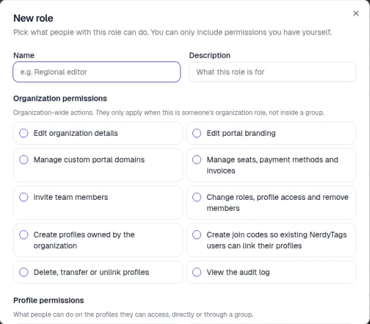 The New role window with Name and Description fields and the Organization permissions section, listing permissions such as Edit organization details, Manage custom portal domains, Invite team members and View the audit log, with a note that organization permissions only apply when this is someone's organization role, not inside a group