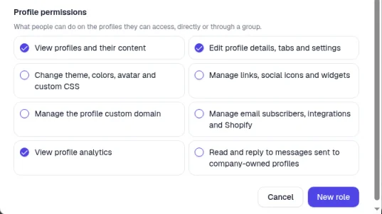 The Profile permissions section of the New role window, with View profiles and their content, Edit profile details, tabs and settings, and View profile analytics ticked, and Cancel and New role buttons