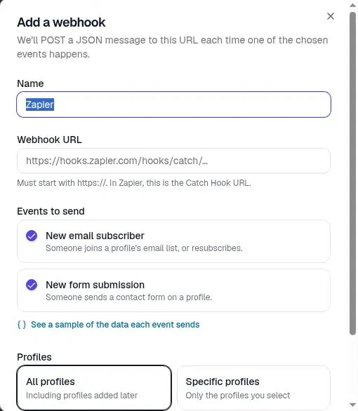 The Add a webhook window with a Name field set to Zapier, a Webhook URL field with a Zapier Catch Hook example, Events to send with New email subscriber and New form submission both ticked, a link to see a sample of the data each event sends, and Profiles set to All profiles