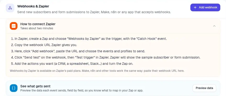 The Webhooks and Zapier section with an Add webhook button, the How to connect Zapier steps expanded, a note that Webhooks by Zapier is on Zapier's paid plans and that Make, n8n and other tools work the same way, and a See what gets sent panel with a Preview data button