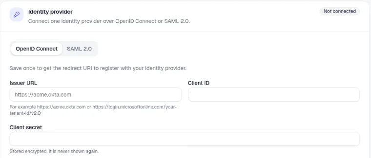 The Single sign-on tab in Settings with the Identity provider section marked Not connected, a choice of OpenID Connect or SAML 2.0, and Issuer URL, Client ID and Client secret fields