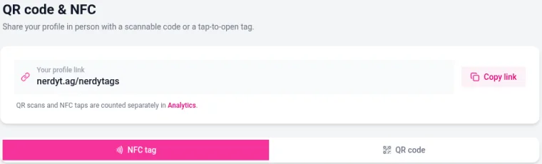 The QR code and NFC page showing Your profile link with a Copy link button, and NFC tag and QR code tabs