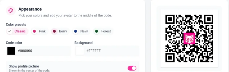 The Appearance settings for the QR code, with color presets, Code color and Background fields, a Show profile picture switch and a preview of the QR code with a logo in the middle
