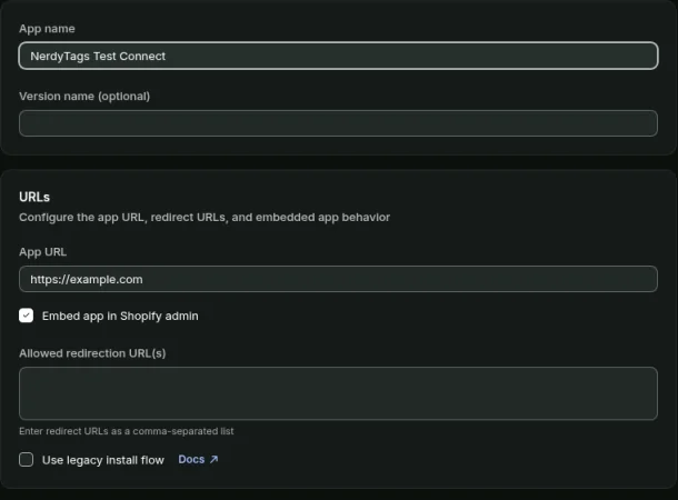 The Create an app form in the Shopify Dev Dashboard, with App name, Version name, URLs and API access sections
