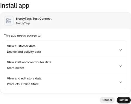 Shopify's Install app screen listing what the app needs access to, with Cancel and Install buttons