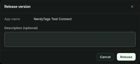The Release version dialog with the app name, an optional description, and Cancel and Release buttons