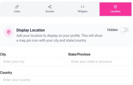The Location tab with the Display Location switch set to Hidden and empty City, State/Province and Country fields