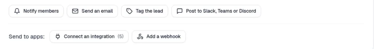 The action buttons on an automation: Notify members, Send an email, Tag the lead and Post to Slack, Teams or Discord, with Connect an integration and Add a webhook below