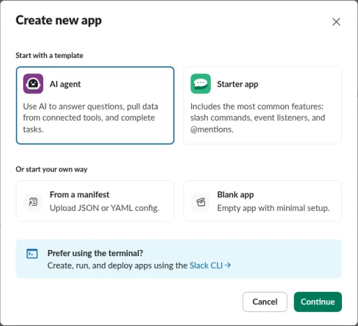 Slack's Create new app dialog, with Blank app under Or start your own way