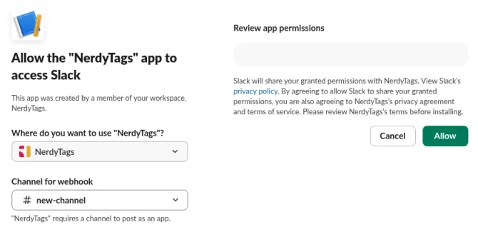The Allow the NerdyTags app to access Slack screen, with new-channel chosen under Channel for webhook and the Allow button