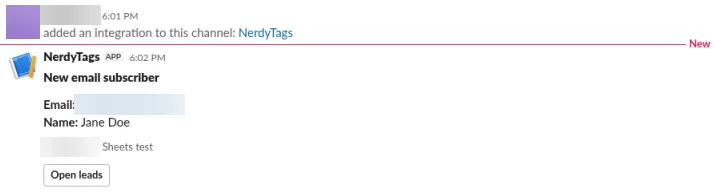 A NerdyTags test post in Slack titled New email subscriber, with an Email and Name, the profile and Sheets test automation, and an Open leads button