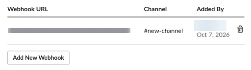 The Webhook URLs list with one webhook for #new-channel, the URL hidden, and the Add New Webhook button below