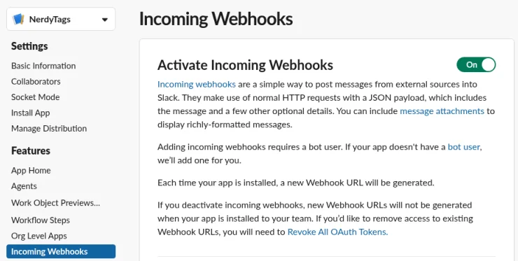 Slack's Incoming Webhooks page for the NerdyTags app, with Activate Incoming Webhooks switched On