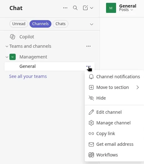 The menu for the General channel in Teams, with Workflows at the bottom of the list