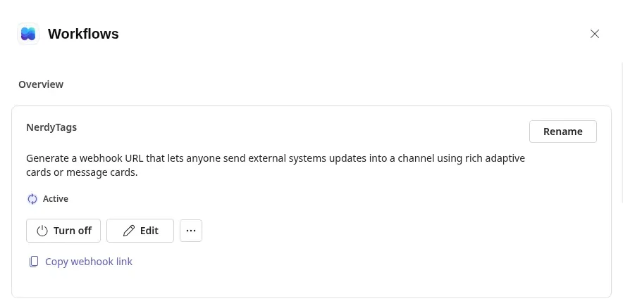 The Overview for the NerdyTags workflow, marked Active, with the Rename, Turn off and Edit buttons and Copy webhook link