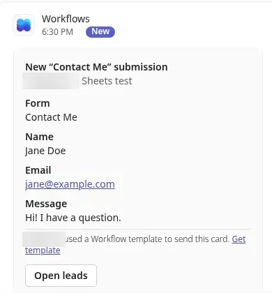 A Teams post titled New "Contact Me" submission, with the profile and Sheets test automation, the Form, Name, Email and Message fields, and an Open leads button