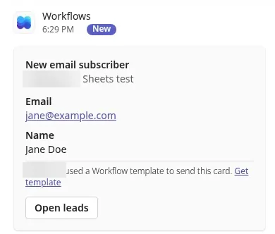 A test post in Teams from Workflows titled New email subscriber, with the profile and Sheets test automation, an Email and Name, a footer about the Workflow template, and an Open leads button