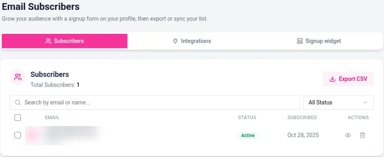 The subscriber list with a search box, an All Status filter, an Export CSV button and one subscriber row with the email hidden